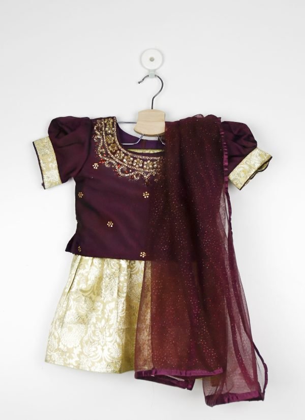 Wine And Gold Lehenga Choli Set With Dupatta /2_3 Years