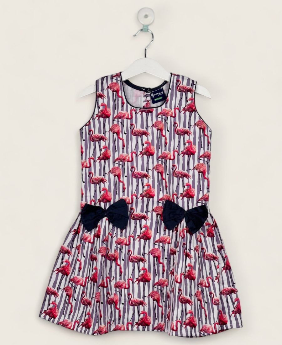 Red Crane Double Bow Frock In Cotton/1-2 Years
