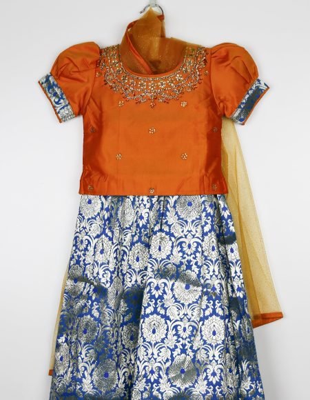 Orange And Aqua Lehenga Choli Set With Dupatta /5_6 Years
