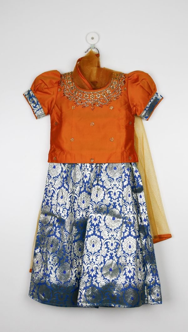 Orange And Aqua Lehenga Choli Set With Dupatta /5_6 Years