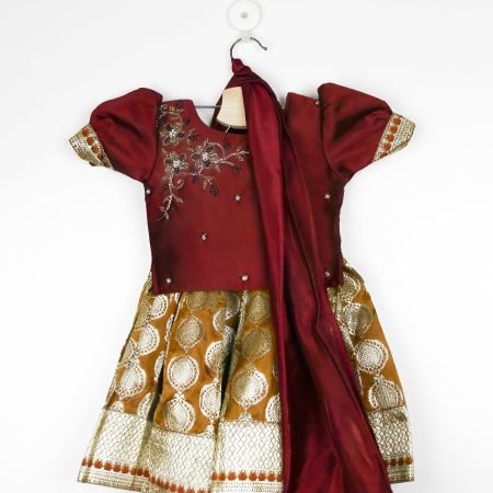 Wine And Mustard Tussar Lehenga And Choli Set With Dupatta/6-12 Months