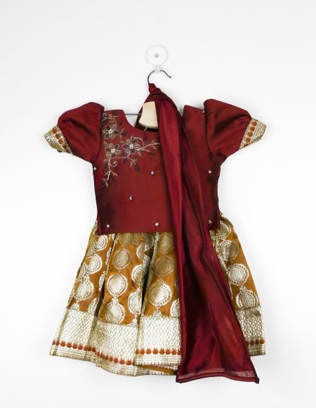 Wine And Mustard Tussar Lehenga And Choli Set With Dupatta/6-12 Months