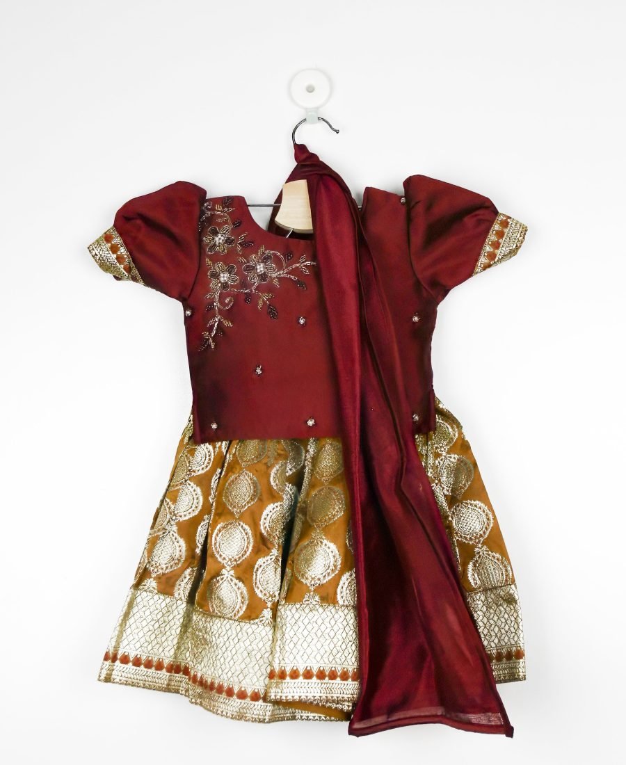 Wine And Mustard Tussar Lehenga And Choli Set With Dupatta/6-12 Months