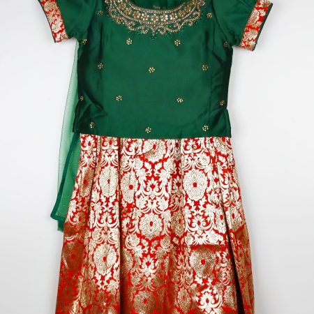 Green And Orange Tussar Lehenga Choli Set With Dupatta/7_8 Years