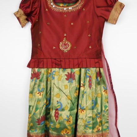 Wine And Green Brochade Lehenge Choli Set With Dupatta/8_9 Years