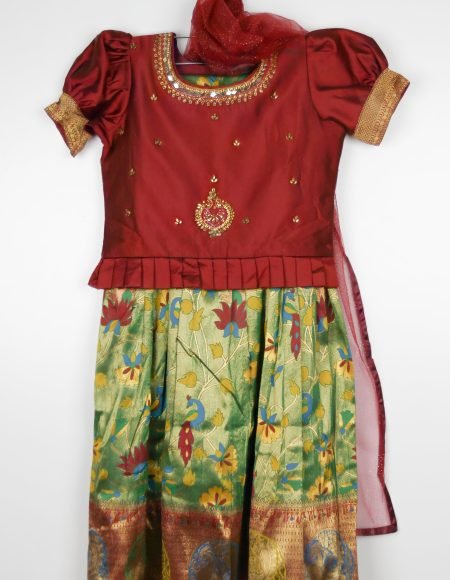 Wine And Green Brochade Lehenge Choli Set With Dupatta/8_9 Years