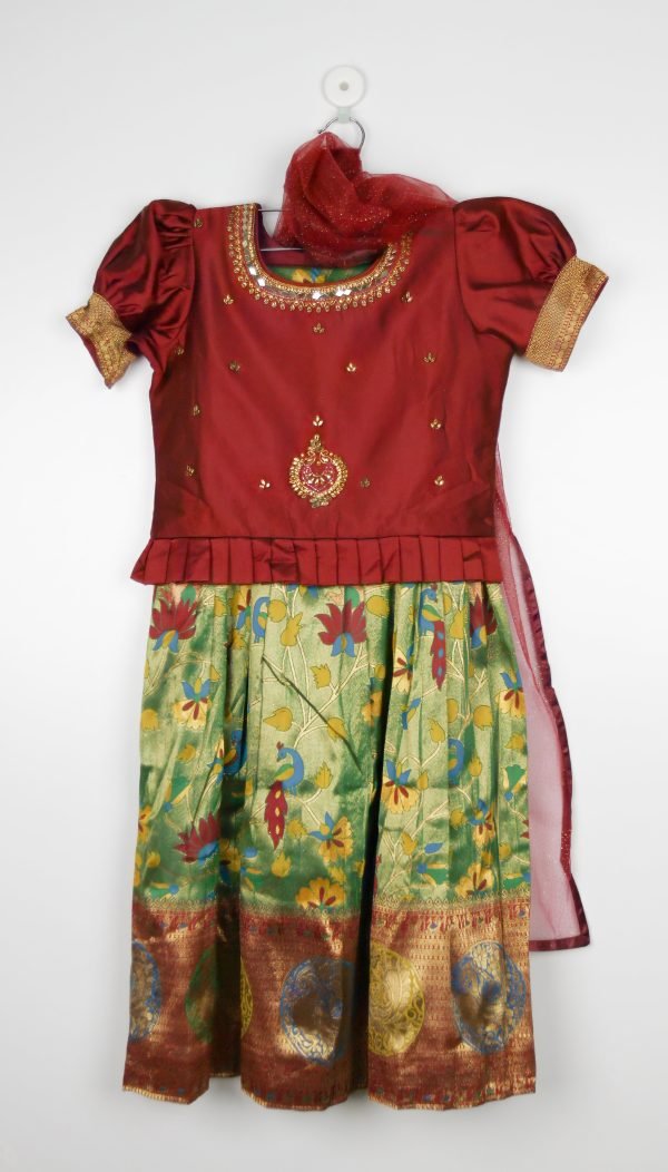Wine And Green Brochade Lehenge Choli Set With Dupatta/8_9 Years