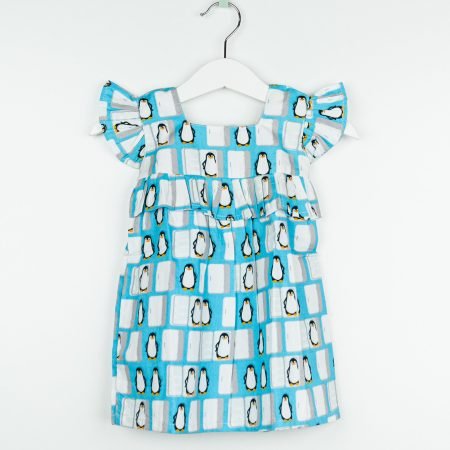 White with Blue Penguine Print Frock/9_10 Years