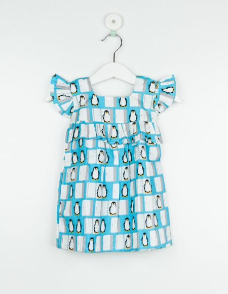 White with Blue Penguine Print Frock/9_10 Years