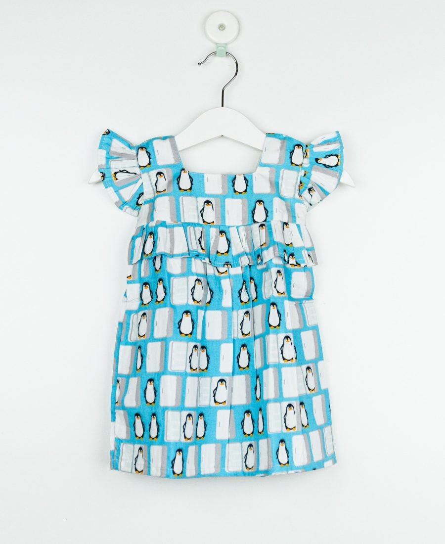 White with Blue Penguine Print Frock/9_10 Years