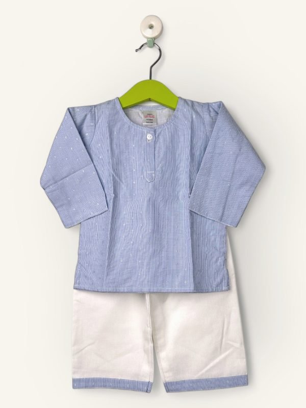 Pin Stripe With Silver Dots In Cotton-Kurta and Pyjama Round Collar/6-12 Month