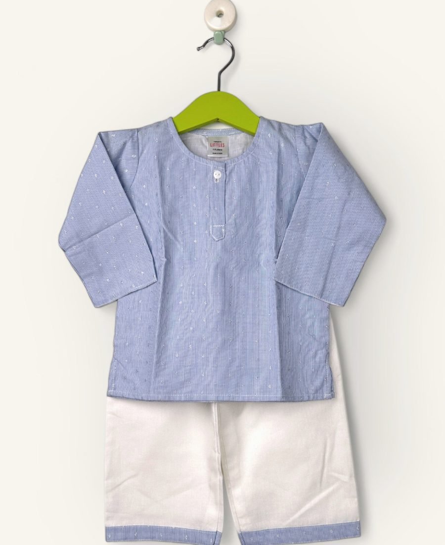 Pin Stripe With Silver Dots In Cotton-Kurta and Pyjama Round Collar/6-12 Month