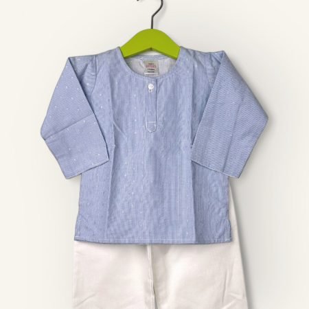 Pin Stripe With Silver Dots In Cotton-Kurta and Pyjama Round Collar/1-2 Years