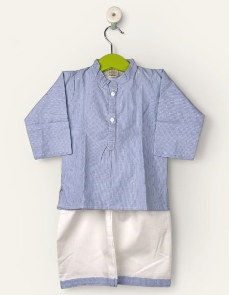 Pin Stripe With Silver Dots In Cotton-Kurtha and Pyjama Chinese Collar/6-12 Month