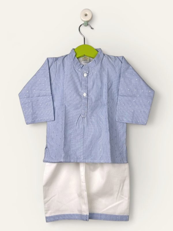 Pin Stripe With Silver Dots In Cotton-Kurtha and Pyjama Chinese Collar/6-12 Month