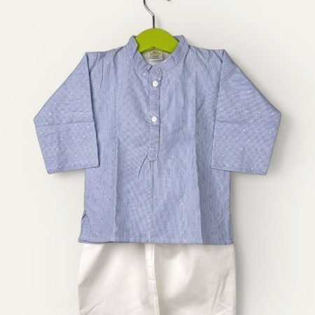 Pin Stripe With Silver Dots In Cotton-Kurtha and Pyjama Chinese Collar/1-2 Years