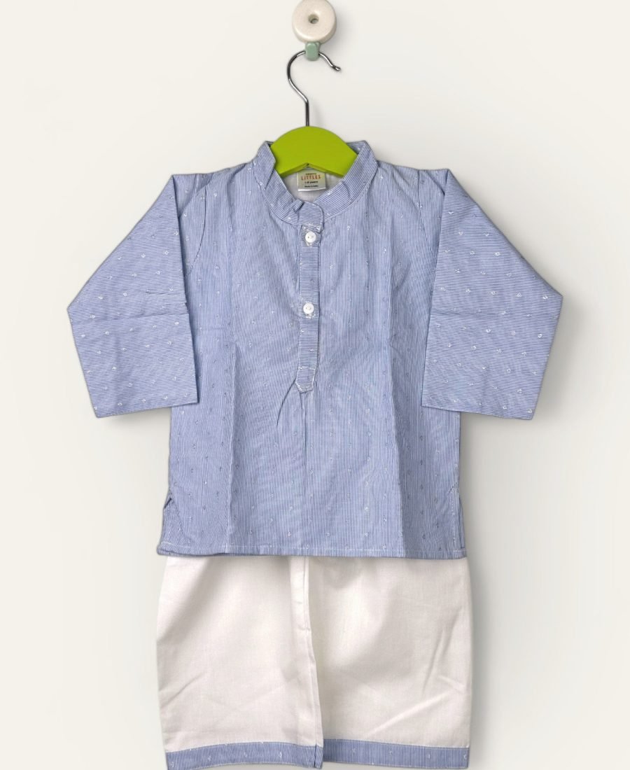 Pin Stripe With Silver Dots In Cotton-Kurtha and Pyjama Chinese Collar/1-2 Years