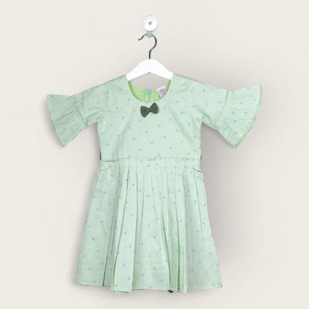 Pista Green And Grey Bow Frock In Cotton /6-7 Years