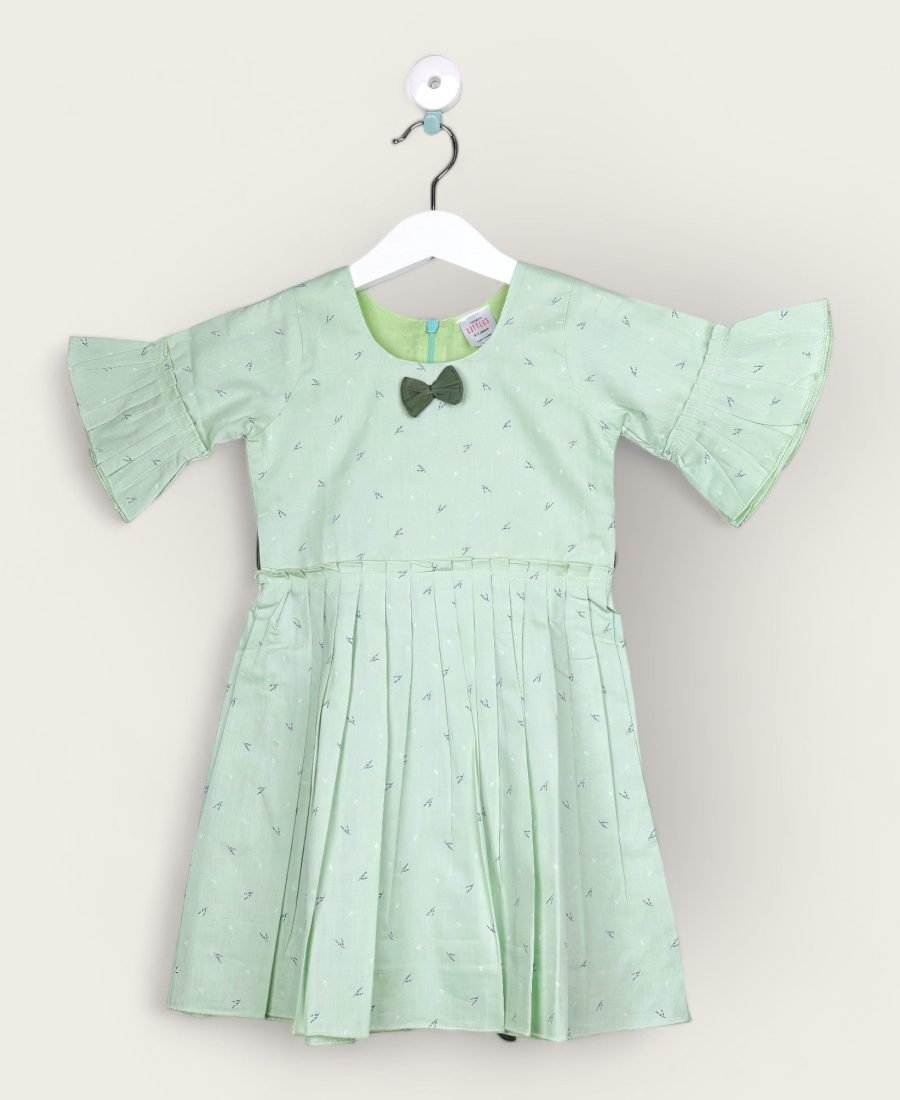 Pista Green And Grey Bow Frock In Cotton /6-7 Years