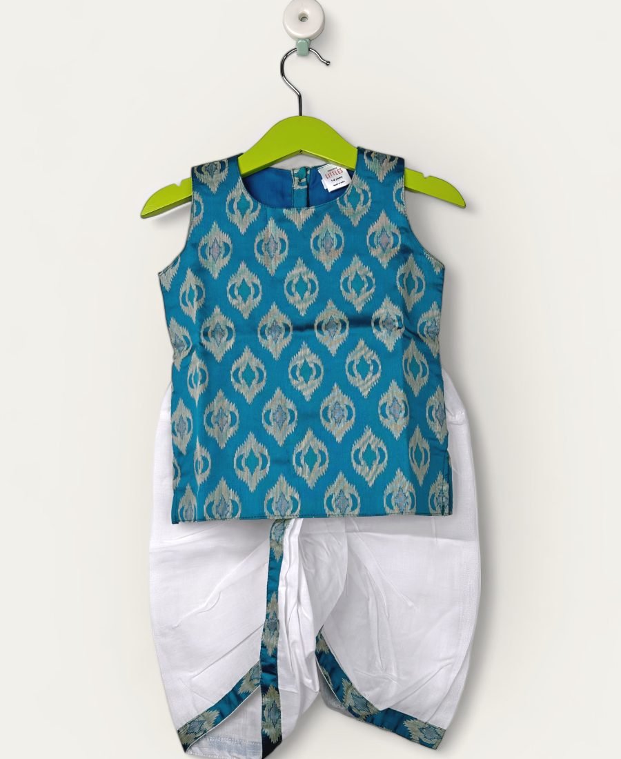 Aquamarine Blue-Kurtha & Dhothi Salwar ArtSilk Sleeveless/1-2 Years