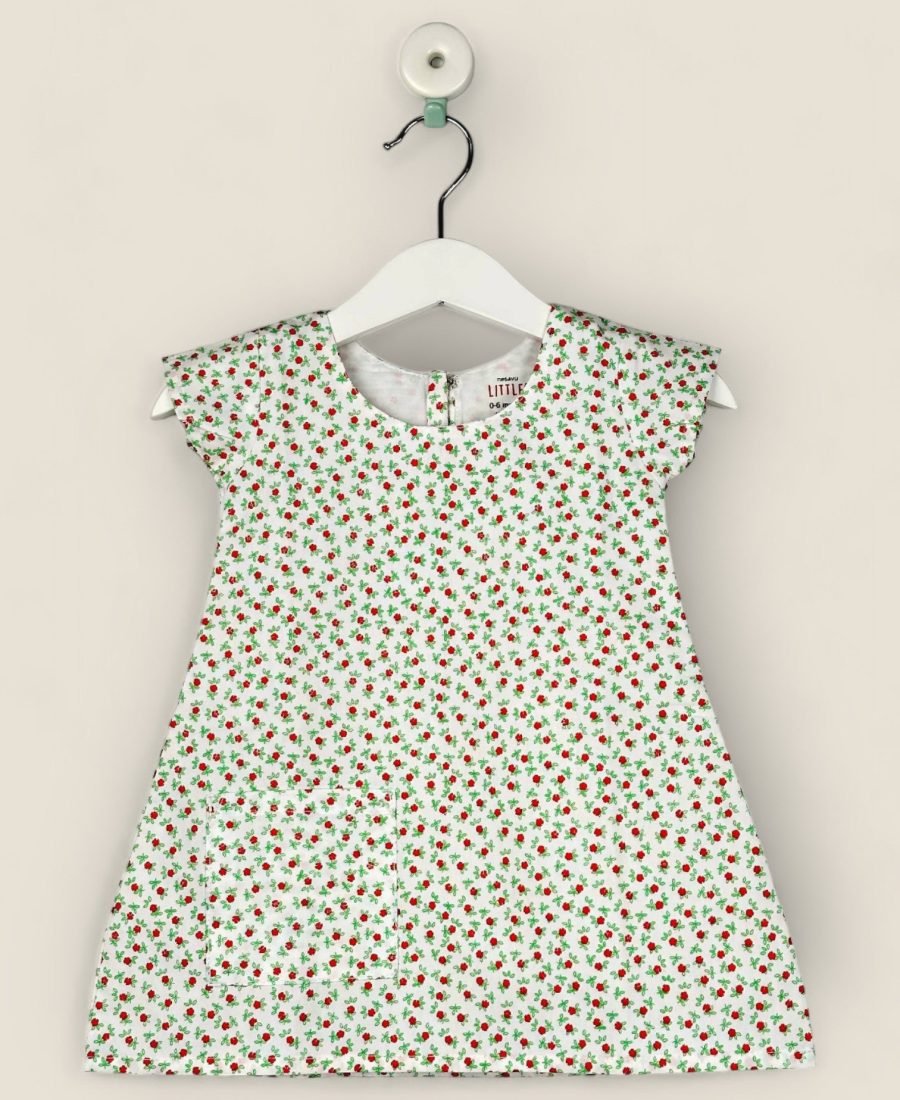 A-Line White And Red Flower Frock/6-12 Month