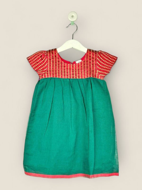 Emerald Green Handloom Cotton  Yoke Frock/2-3 Years