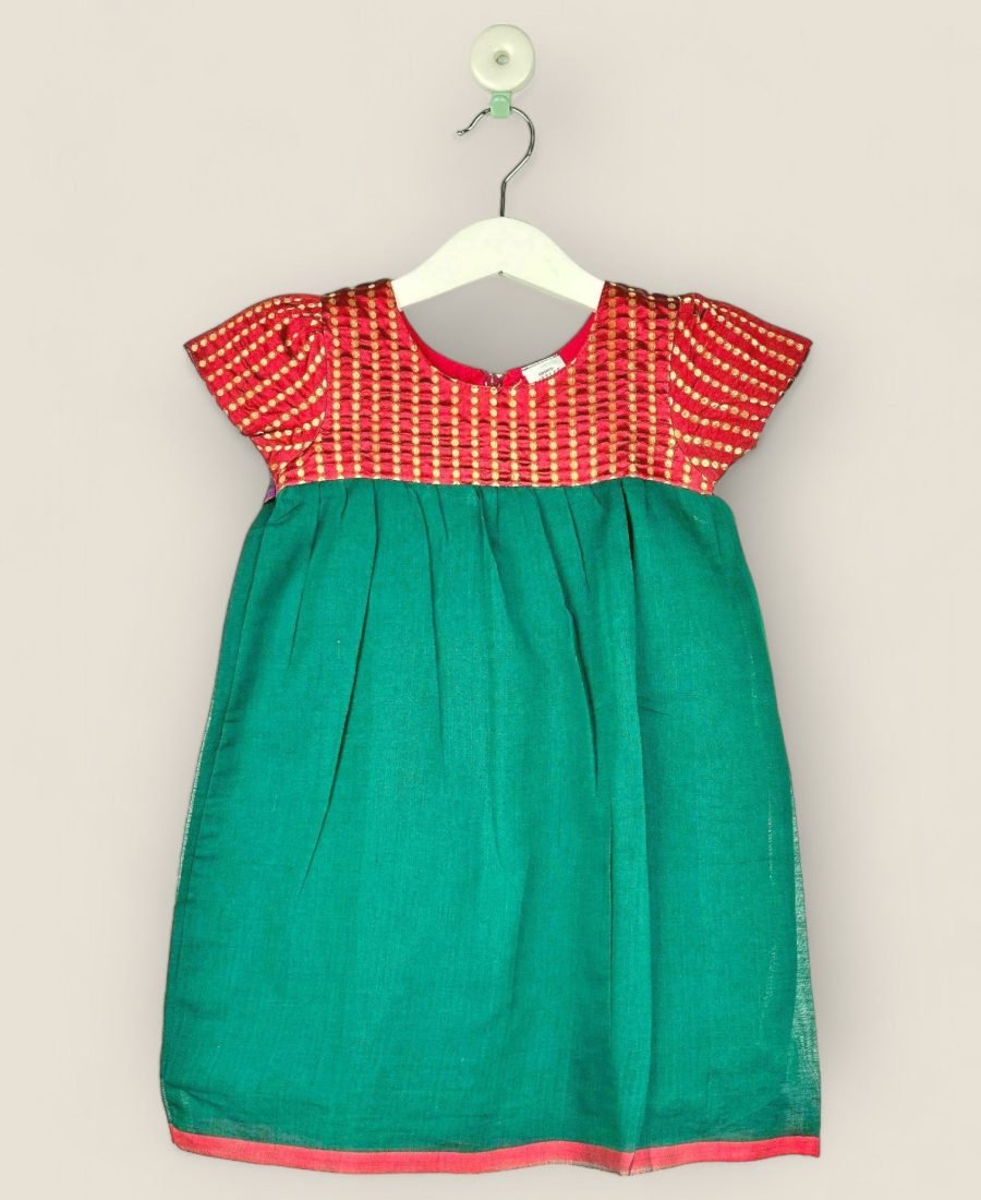 Emerald Green Handloon Cotton Yoke Frock/3-4 Years