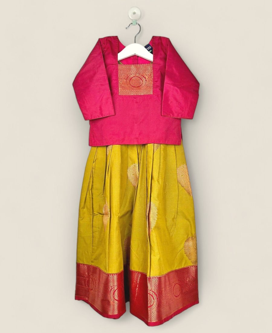Leaf Green Brocade Pavadai And Butterfly Sleeve Chattai/3-4 Years