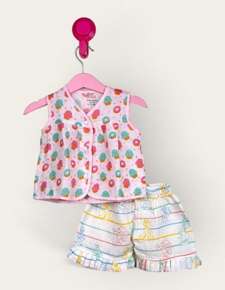 Muslin Jabla Pink Front Open Yoke Frock With Frill Shorts/6-12 Month