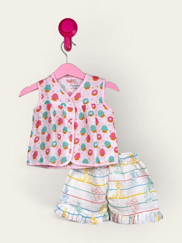 Muslin Jabla Pink Front Open Yoke Frock With Frill Shorts/6-12 Month