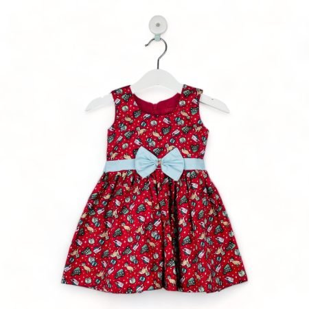Red Christmas Frock With Green Bow/7-8 Years