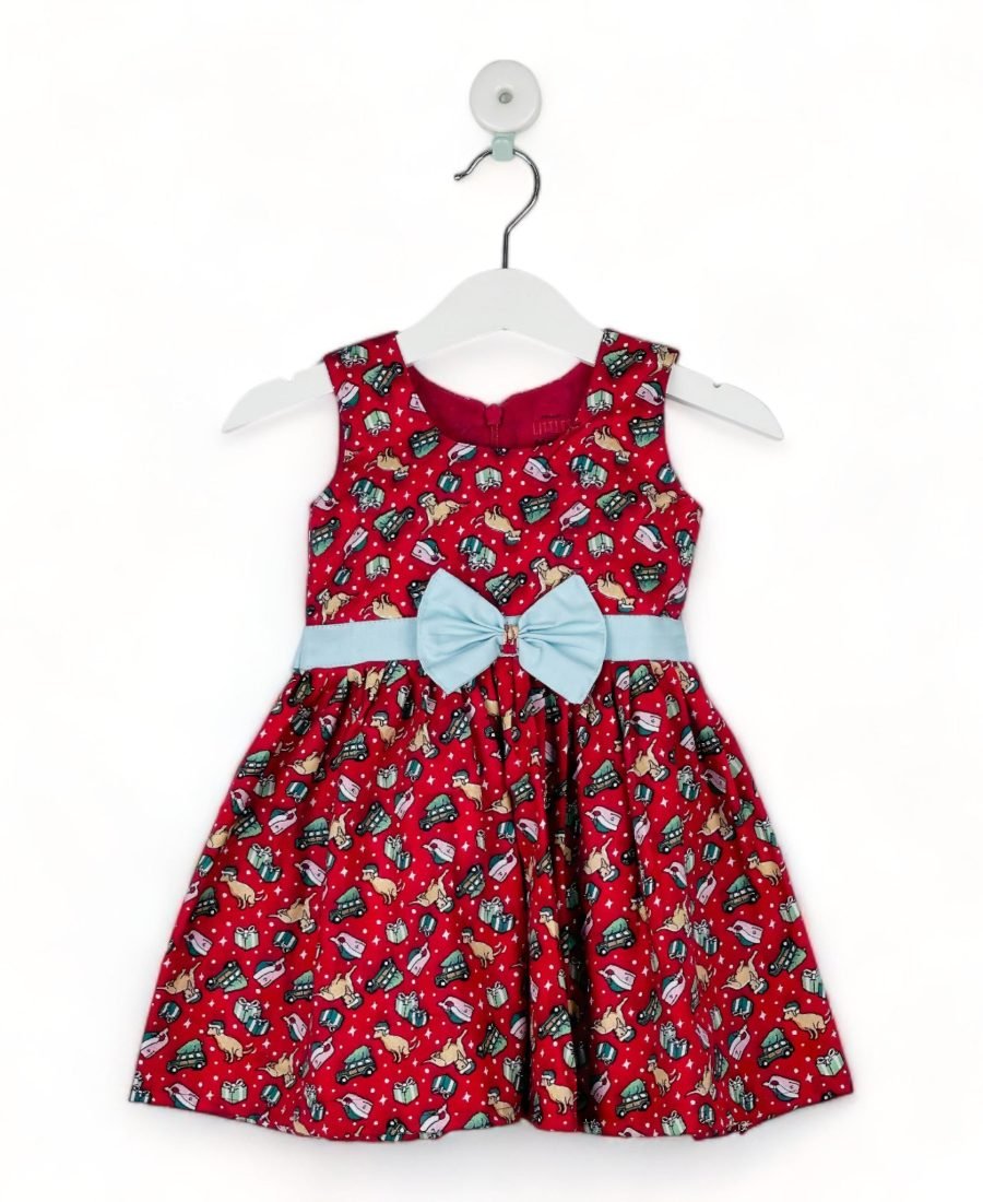 Red Christmas Frock With Green Bow/6-7 Years