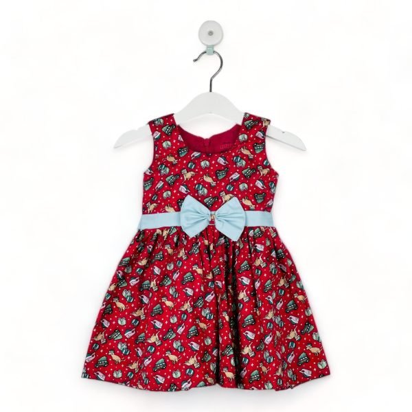 Red Christmas Frock With Green Bow/6-12 Month
