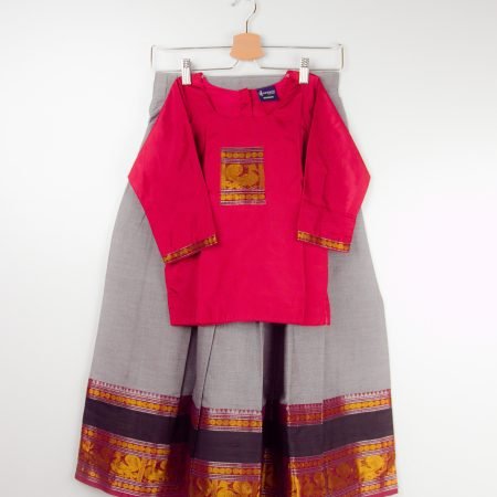 Grey Pavadai With Maroon Annam Patch Chattai ( Pavadai Cotton & Chattai Jasmine Silk )8_9Years