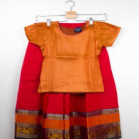 Maroon Big Border Pavadai With Rust Embroidered Chattai(  Pavadai Cotton & Chattai Jasmine Silk)