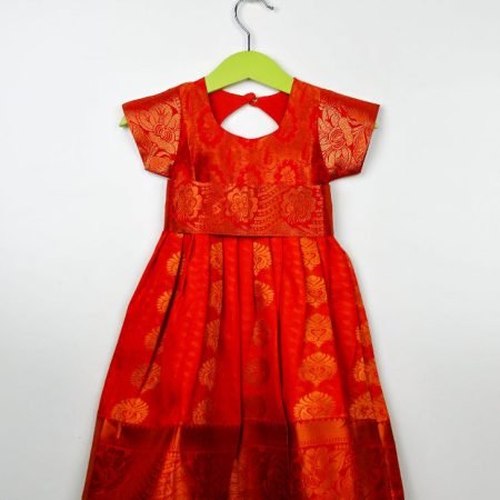 Orange And Pink Brocade Long Gown With Brocade Belt/0_6 Months