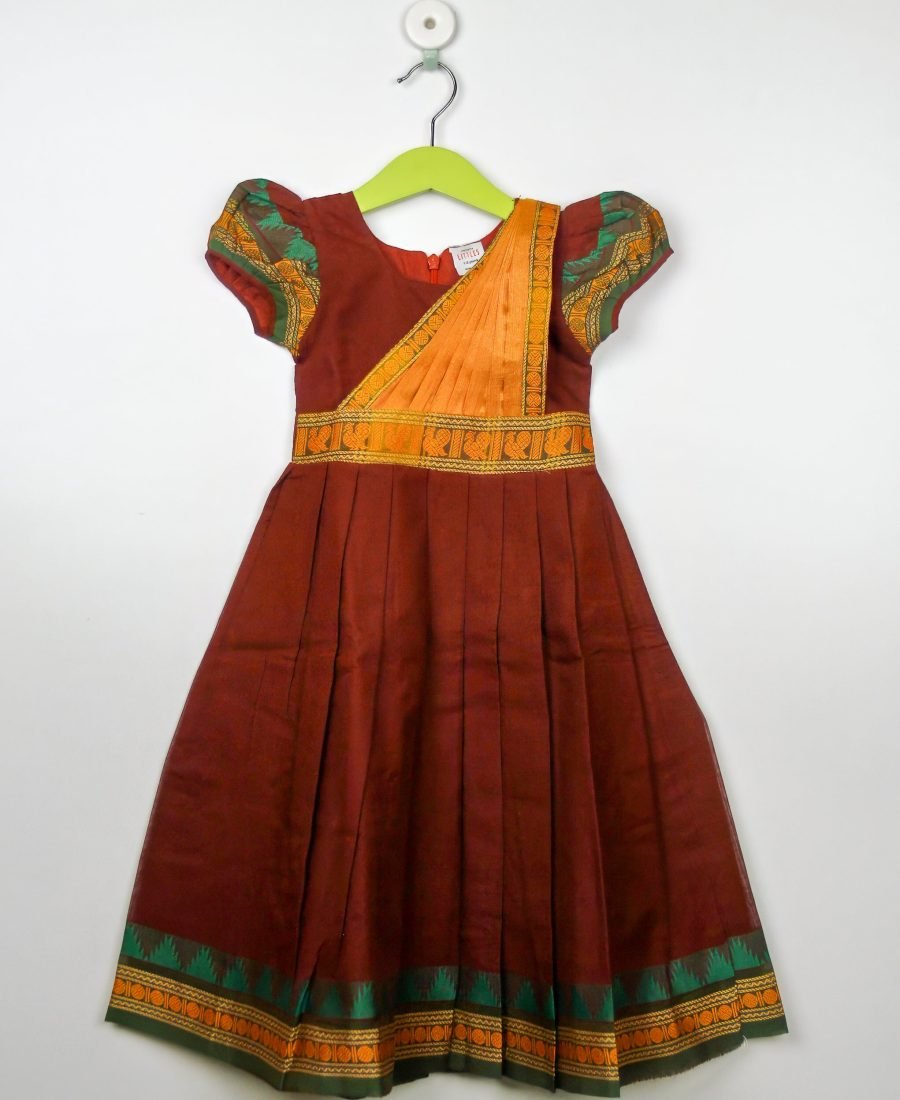 Maroon And Rust Handloom Cotton Davani Frock/1_2 Years