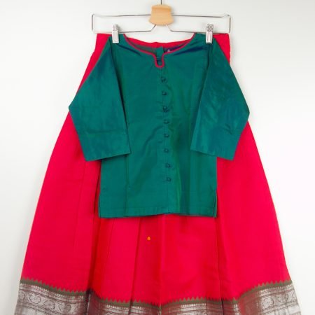 Red Pavadai With Green Chattai Piping Neck ( Pavadai Cotton & Chattai Jasmine Silk) / 9_10Years