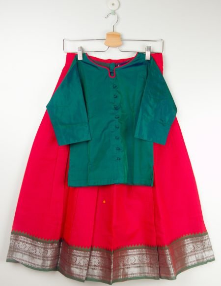 Red Pavadai With Green Chattai Piping Neck ( Pavadai Cotton & Chattai Jasmine Silk) / 9_10Years