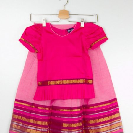 Pink And Pink Pavadai And Chattai (  Pavadai Cotton & Chattai Jasmine Silk) / 5_6 Years