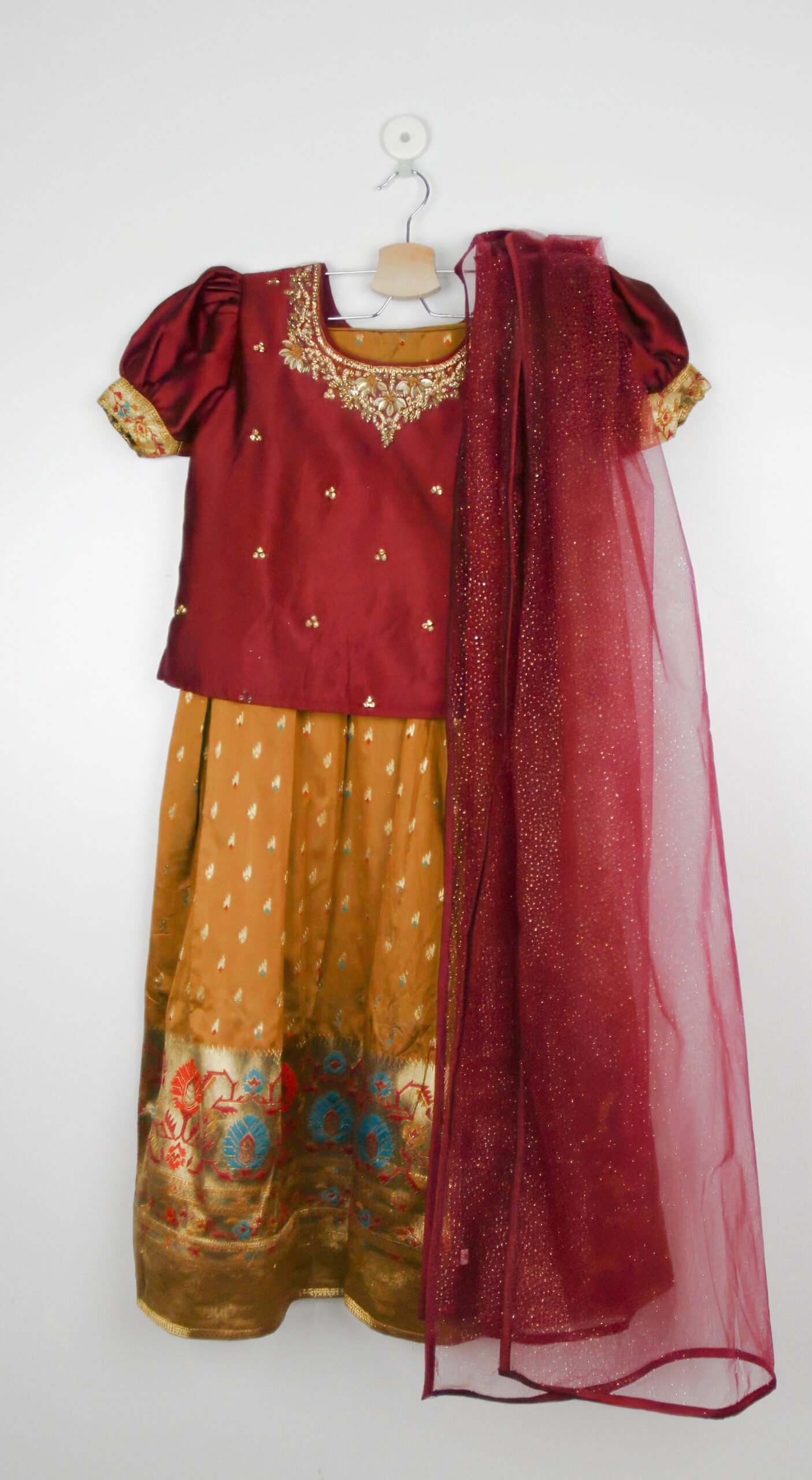 Wine And Mustard Lehenga Choli  Set With Dupatta/10_11 Years
