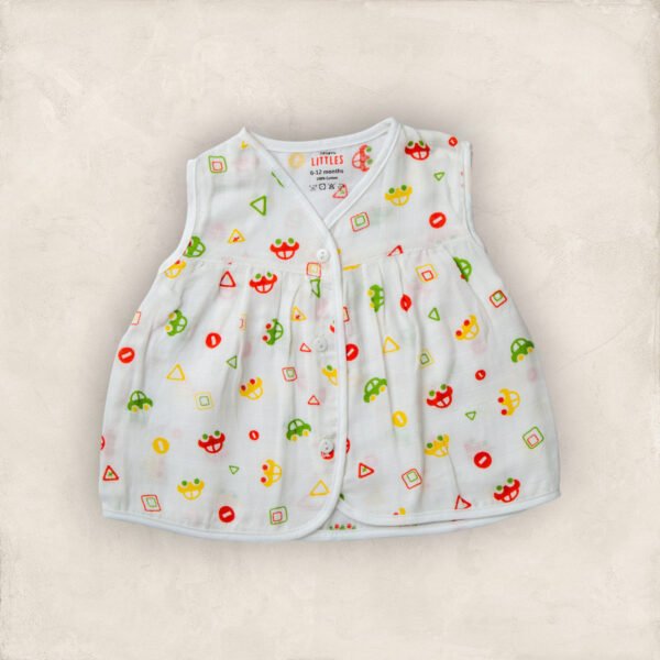 Muslin Jabla  White Car Yoke Frock-Front Open/0-6 Months