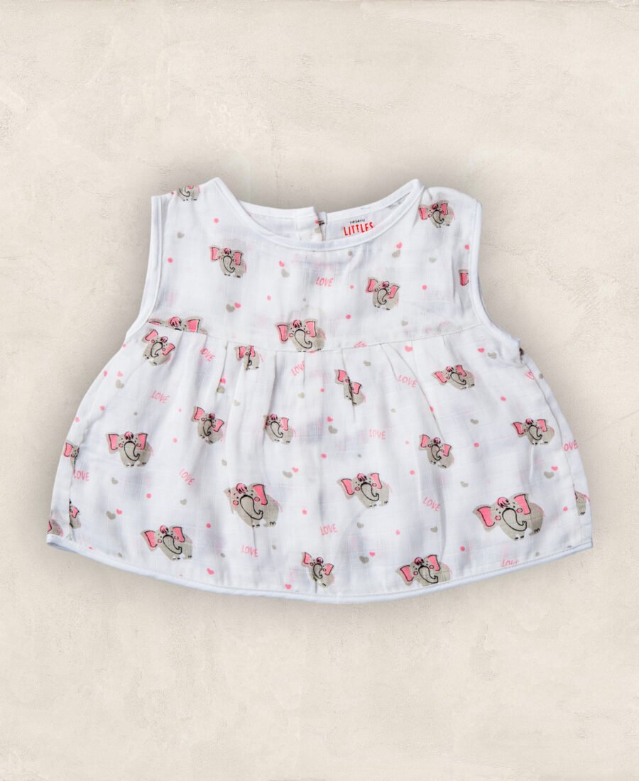 Muslin Jabla  White Elephant Yoke Frock-Back Open-0-6 Months