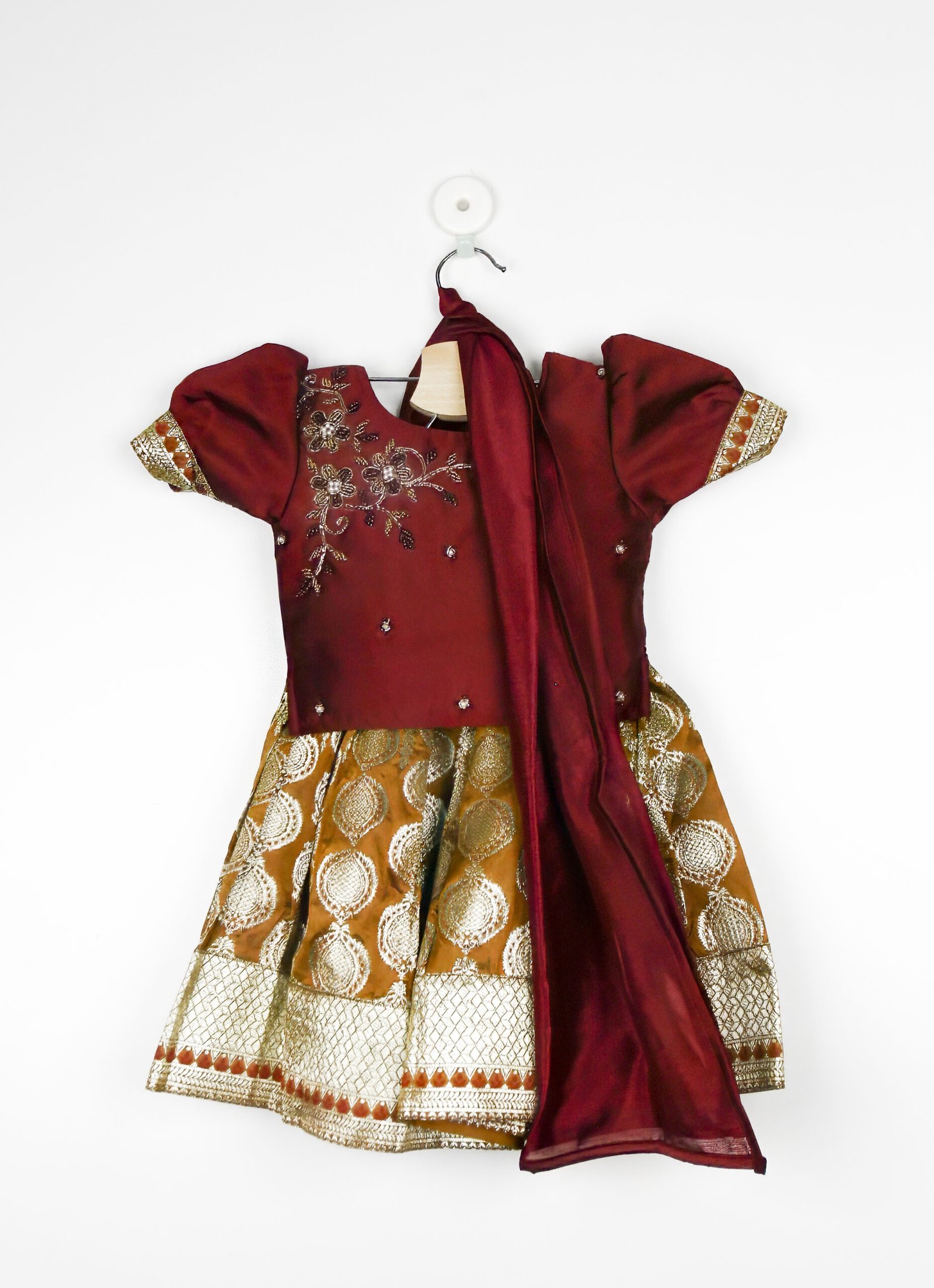 Wine And Mustard Tussar Lehenga And Choli Set With Dupatta/6-12 Months