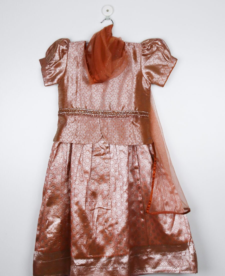 Pink Tussar Lehenga Choli Set With Dupatta/9_10 Years