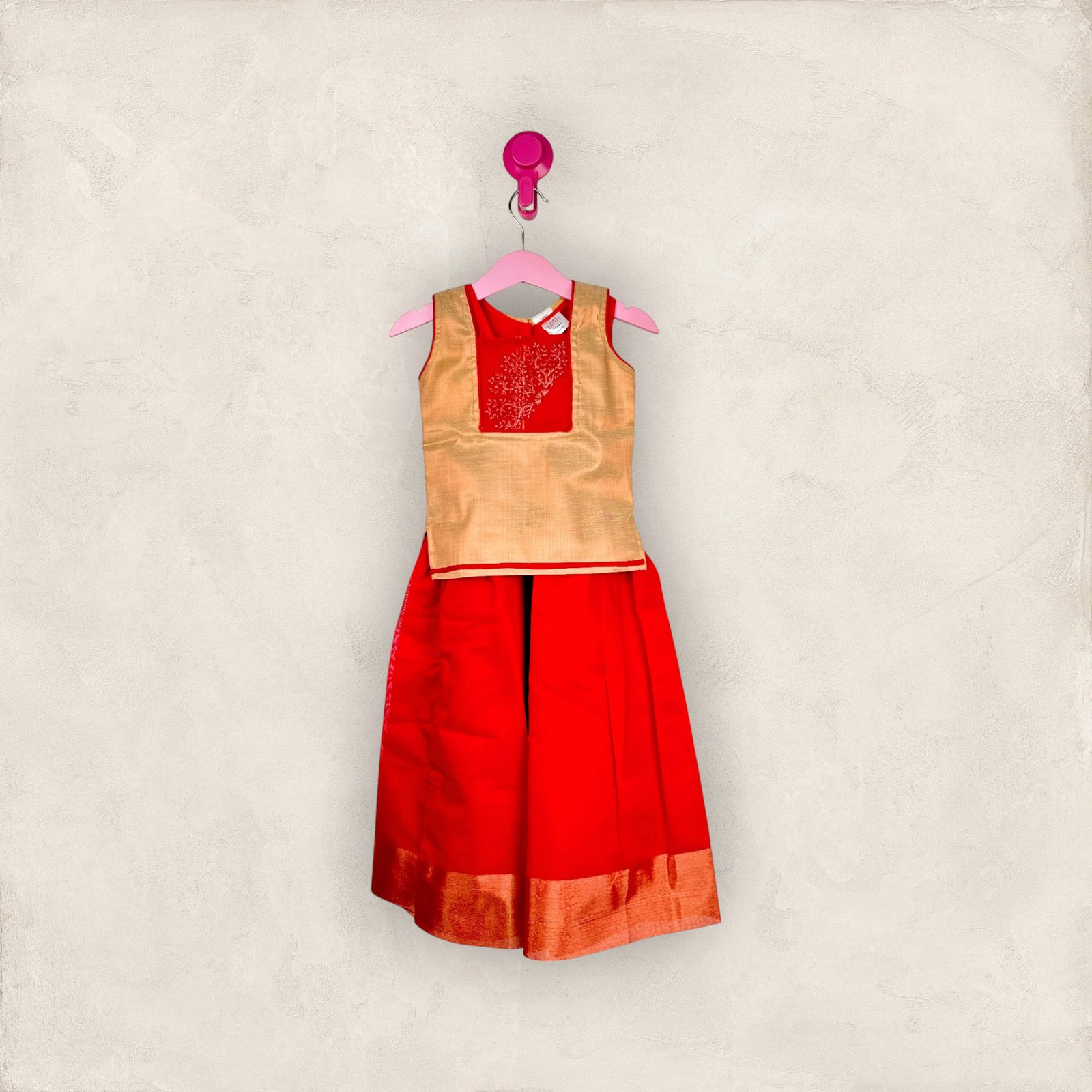 Red Tissue Patch Work Pavadai/2-3 Years