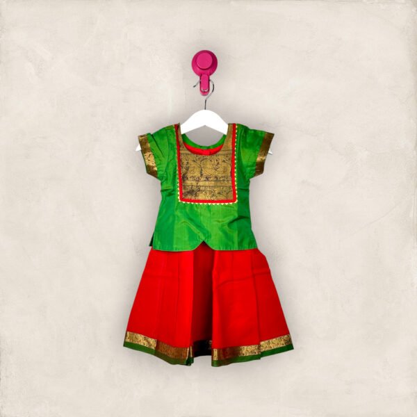 Red Handloom Cotton Pavadai With Green Chattai/9-10 years