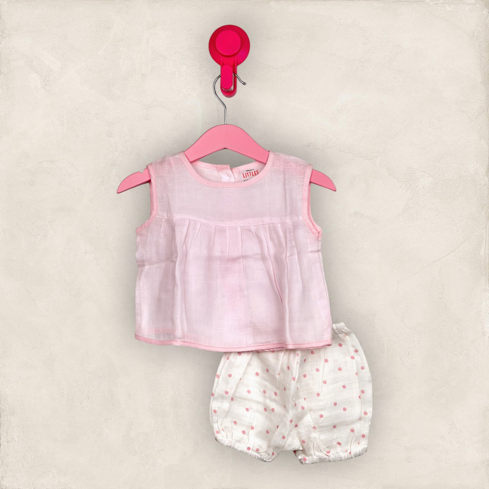 Muslin Jabla pink Back Open Yoke Frock With Bloomers/0-6 Month