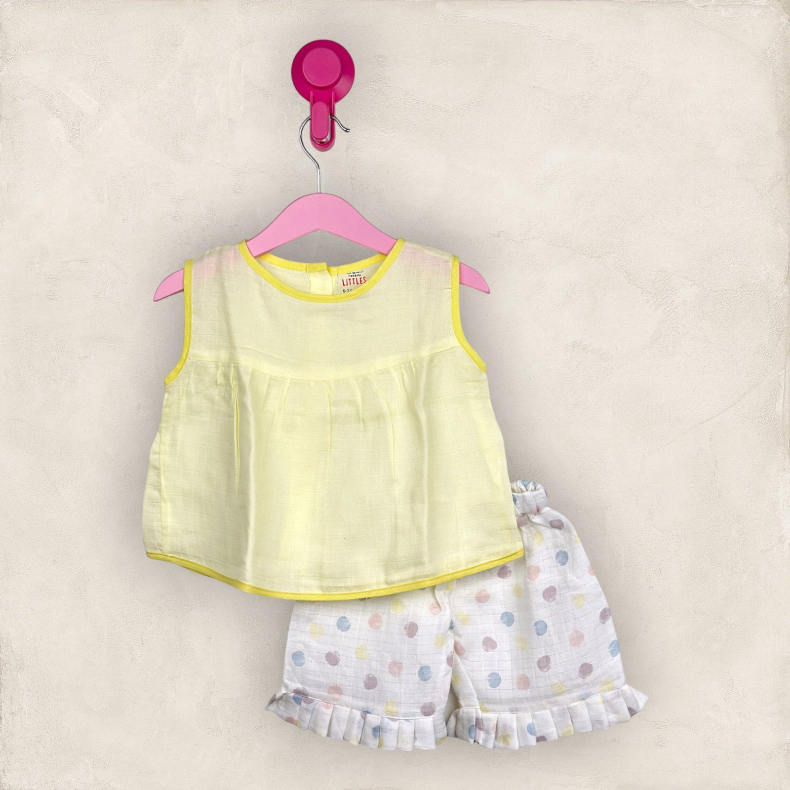 Muslin Jabla Yellow Yoke Frock-Back Open With Frill/0-6-Month