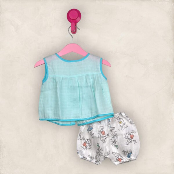 Muslin Jabla Blue Back Open Yoke Frock With Bloomers/0-6 Month